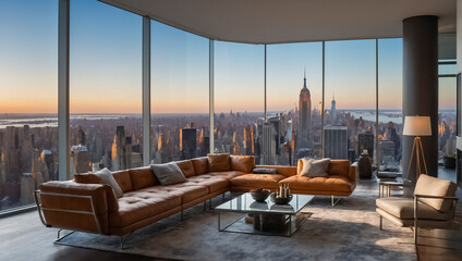 beautiful modern living room with panoramic windows overlooking New York banner