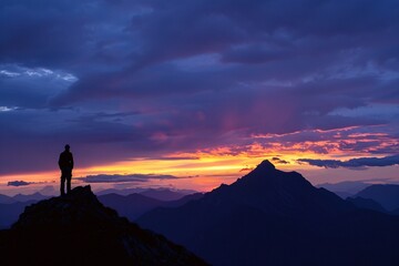 Silhouette mountain zenith framed evening sky solitary observer nature's grandeur