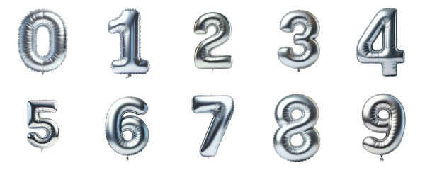 3D Render of silver inflatable foil baloons set. Bright party decoration figures. silver numbers isolated on white background.	