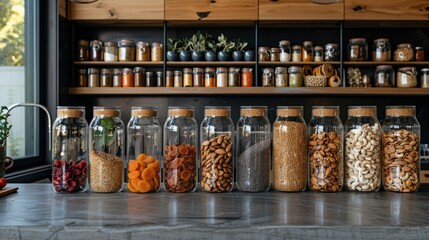 glass jars filled with a variety of nuts and dried fruits on a kitchen counter, showcasing a concept of organic and natural food - Powered by Adobe