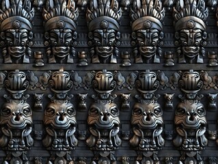 A wall of metal masks with different designs.