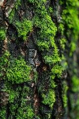 Obraz premium Macro view of wet moss texture enveloping a tree trunk, revealing its lush green coloration