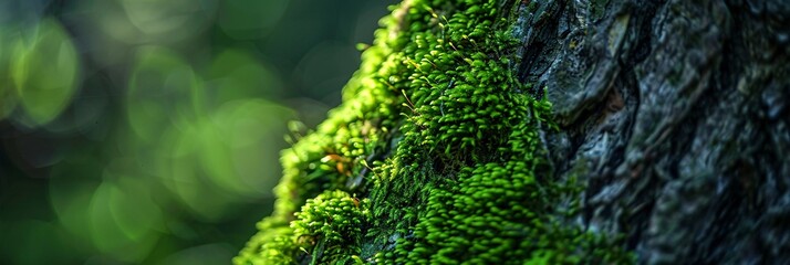 Macro shot capturing the vibrant green moss texture on a tree trunk, illuminated by dampness