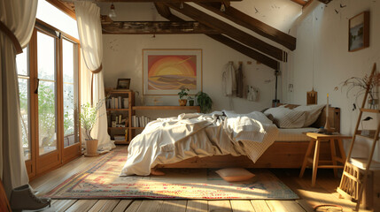 Interior of light cozy bedroom with wooden tables