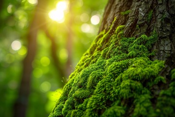 Macro shot capturing the vibrant green moss texture on a tree trunk, illuminated by dampness