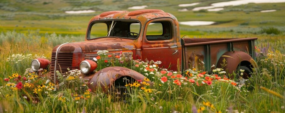 Old, rusty pickup truck surrounded by a vibrant field of wildflowers - Powered by Adobe