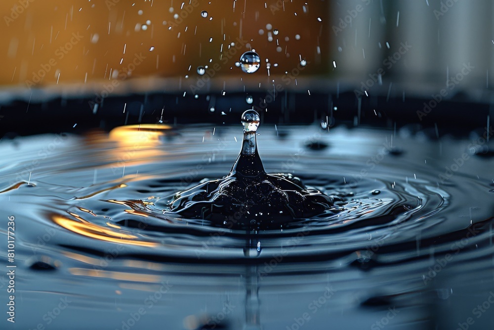 Poster a dramatic macro shot capturing a single water drop creating a splash, illuminated by moody, dim lig