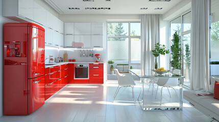 Interior of light kitchen with red fridge counters and