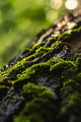 Macro perspective capturing the intricate patterns of wet moss texture on a tree trunk, illuminated by sunlight