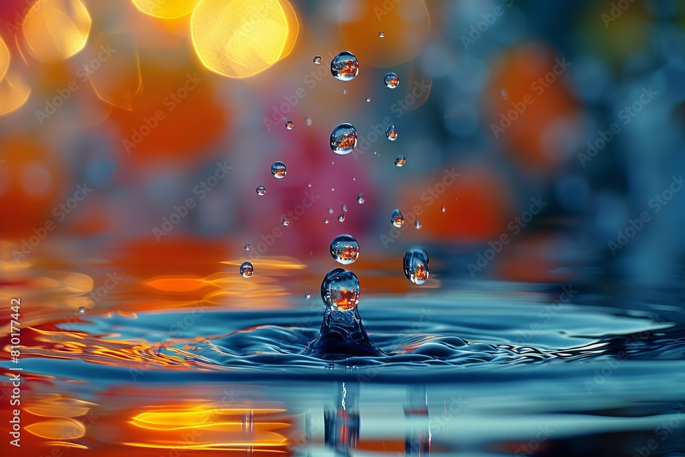 Poster high-resolution image capturing water droplets mid-air with a soft, warm bokeh effect in the backgro