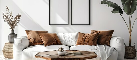 Coffee table and sofa with brown pillows with two poster frames. Boho ethnic home interior design.