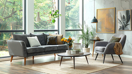 Interior of light living room with comfortable grey so