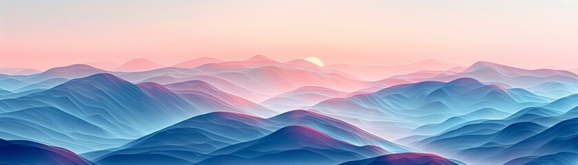 The image shows a beautiful mountain landscape with a soft, pink sky and blue mountains.