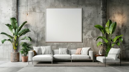 Modern living room interior with a blank poster on the wall, plants, and furniture on a concrete background, mockup concept. Generative AI realistic