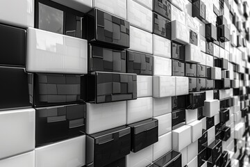 Monochromatic image featuring a pattern of black and white cubes creating an optical illusion effect and a sense of depth