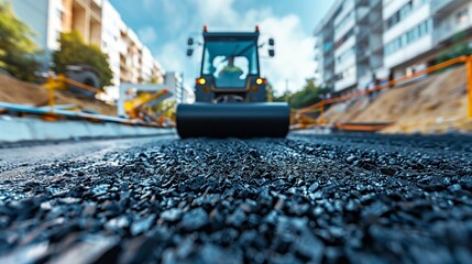 High Resolution View of a Jet Black Asphalt Paver on a New Road, Urban Development in Focus