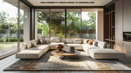 Interior of light living room with sofas and coffee ta
