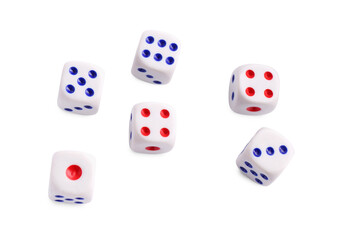 Many dices isolated on white, top view. Game cubes