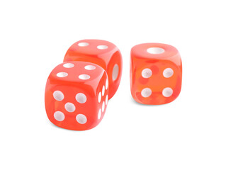 Three red game dices isolated on white