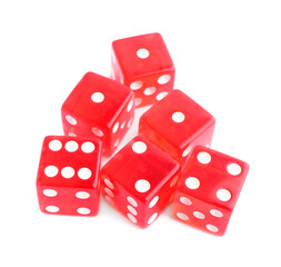 Many red game dices isolated on white