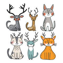 Cute cartoon animals, including deer cats, featuring antlers, cheerful faces, happy expressions, childrens illustration style. Six animals, diverse colors, playful facial features, kids graphic