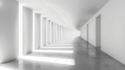 Fototapeta premium The image shows a long, empty hallway with white walls and bright lights. The floor is made of gray concrete.