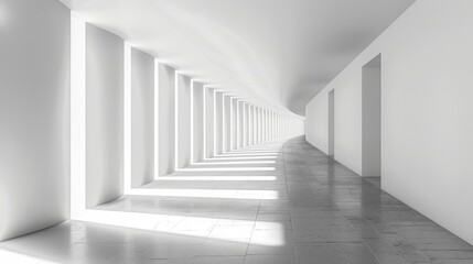 The image shows a long, empty hallway with white walls and bright lights. The floor is made of gray concrete.