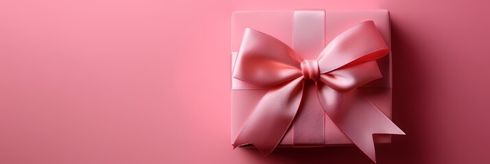 Gift box with pink ribbon on a pink background. Flat lay composition with copy space. Gift-giving concept. Design for greeting card, invitation, poster.