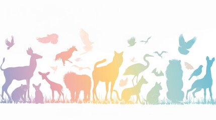 A colorful line of animals, including deer, birds, and cats