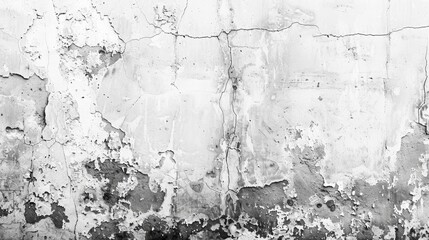 The image shows a white concrete wall with cracks and peeling paint.