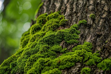 Fototapeta premium Detailed shot capturing the intricate texture of wet moss clinging to a tree trunk in the forest