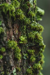 Detailed shot capturing the intricate texture of wet moss clinging to a tree trunk in the forest