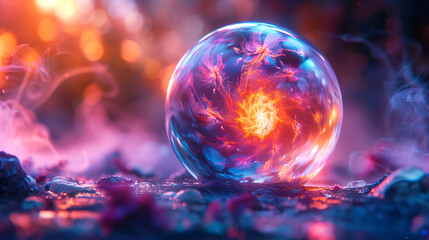 abstract transparent crystal ball with colorful light swirls of energy inside, surrounded in the style of smoke and glowing stones on the ground