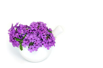 Verbena herb flowers in a mortar used in alternative herbal medicine as a sedative, treats...
