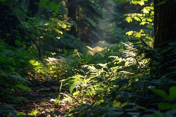 Fototapeta premium Dappled sunlight filtering through lush foliage, creating a captivating play of light and shadow on the forest floor