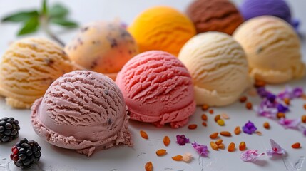 A row of ice cream cones with different flavors, including strawberry