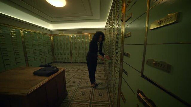 Businesswoman Entering Bank Safe Vault Room Storing Silver Bullion Deposit