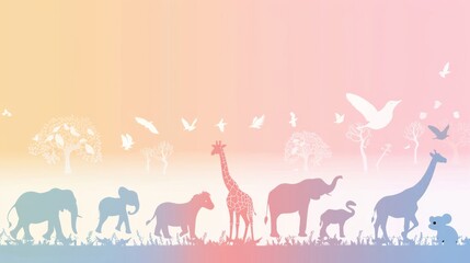 A colorful poster of animals in a field, including giraffes, elephants