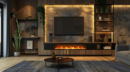 Interior of living room with electric fireplace and sh