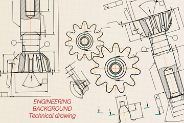 Mechanical engineering drawings on sepia background. Tap tools, borer. Technical Design. Cover. Blueprint. Vector illustration.