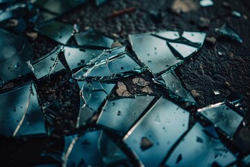Close-up view of broken mirror shards on a dark surface, capturing the intricate details of fragmented reflections