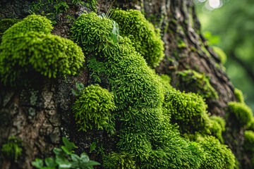 Close-up shot of wet moss texture enveloping a tree trunk, revealing its rich green coloration