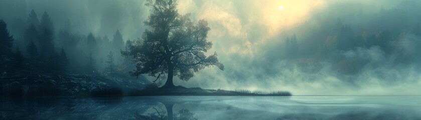 The photo shows a beautiful landscape with a large tree in the center, surrounded by a thick fog