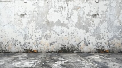 The photo shows a concrete wall with a white background. The wall is old and has cracks and stains. The floor is made of concrete and is also old and has cracks and stains.