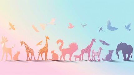 Fototapeta premium A line of animals including giraffes, elephants, and deer