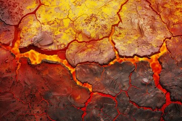 Fototapeta premium Vibrant high resolution fiery cracked earth texture depicting the intense heat and environmental disaster of a parched land. Arid landscape with a red. Yellow. And orange color palette