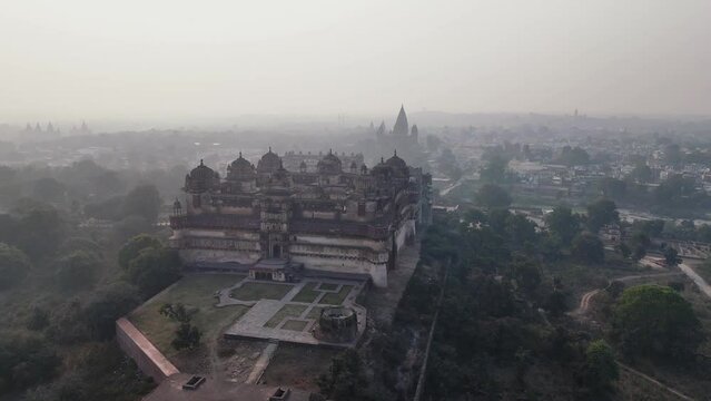 Drone shot  Jahangir Mahal Inside Orchha Fort Complex, Orchha, Madhya Pradesh, India 
