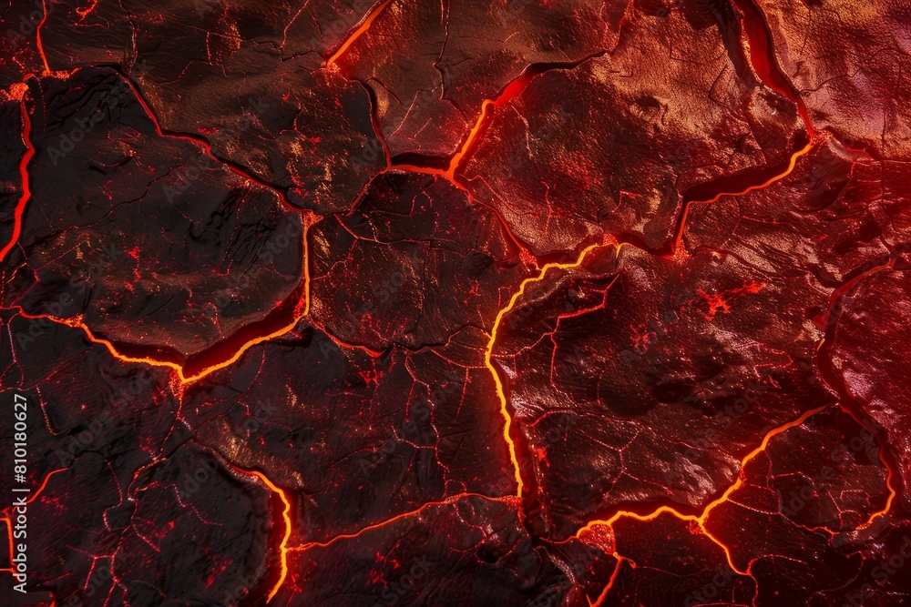 Poster detailed close-up of a molten lava texture with vibrant red and orange cracks. the image captures th