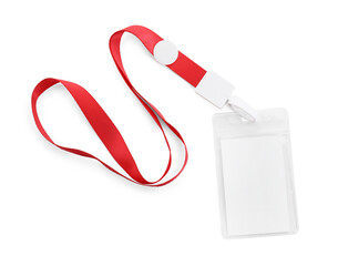 Blank badge with red string isolated on white, top view