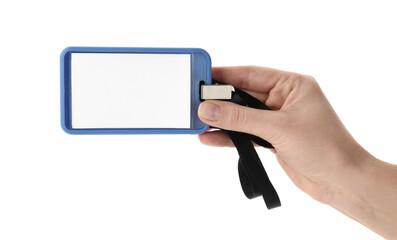 Woman holding blank badge with string on white background